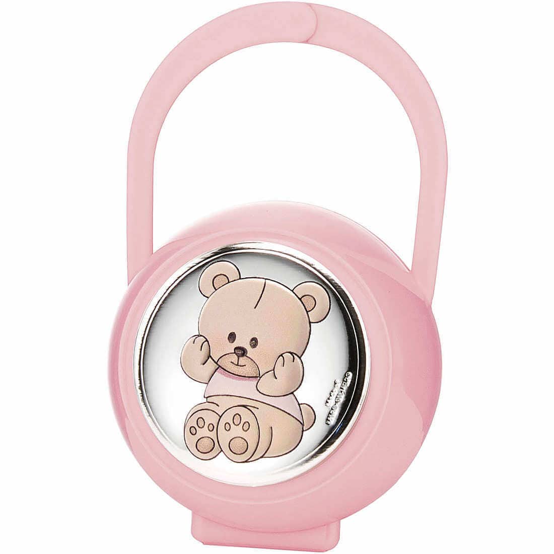 PORTA CIUCCIO COLOR ROSA CON PLACA IN ARGENTO ELEFANTINO